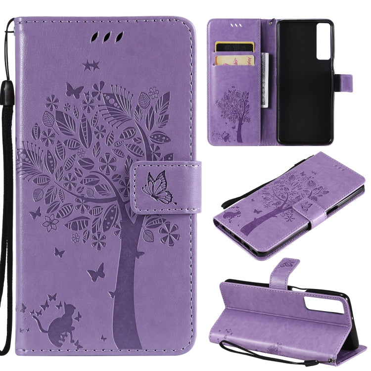 Tree & Cat Pattern Pressed Printing Horizontal Flip PU Leather Case with Holder & Card Slots & Wallet & Lanyard – Lanyard, Card Slot, Flip, For LG Stylo 7 5G / 4G, For OPPO F19 / A74 4G For LG Stylo 7 5G 4G Light Purple