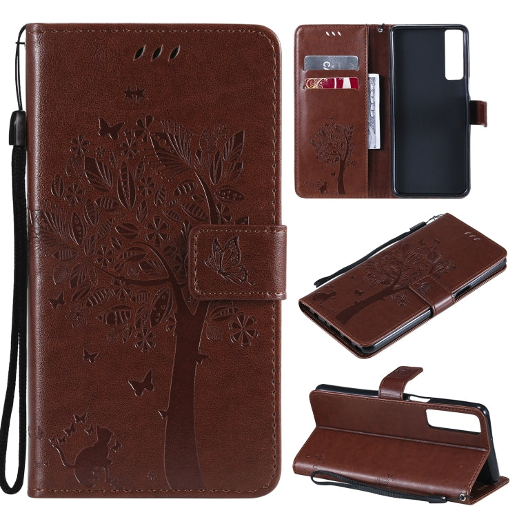 Tree & Cat Pattern Pressed Printing Horizontal Flip PU Leather Case with Holder & Card Slots & Wallet & Lanyard – Lanyard, Card Slot, Flip, For LG Stylo 7 5G / 4G, For OPPO F19 / A74 4G For LG Stylo 7 5G 4G Coffee