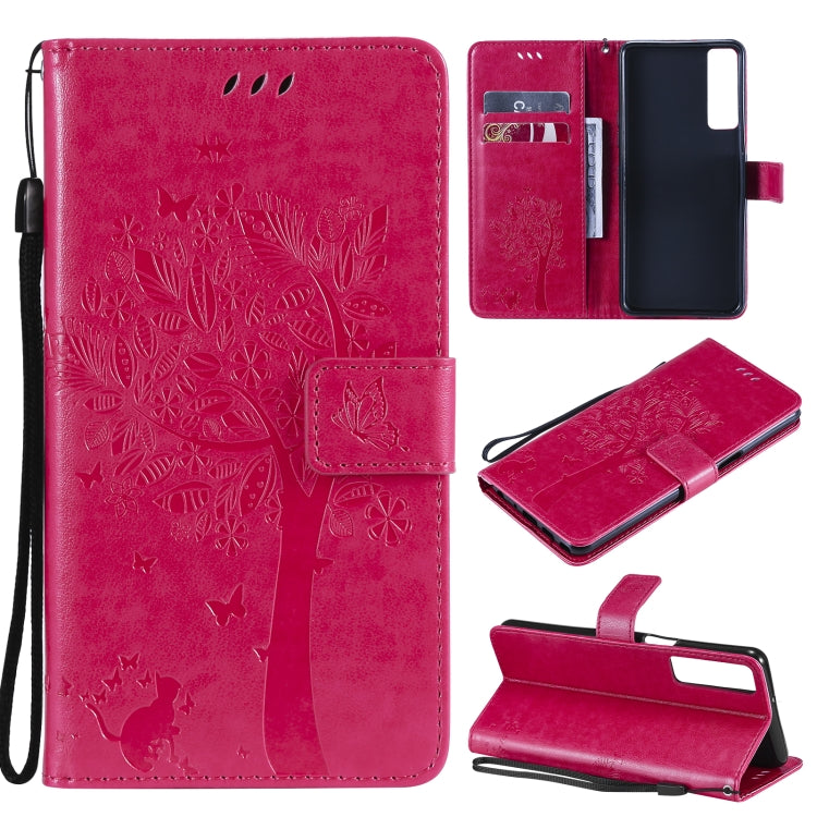 Tree & Cat Pattern Pressed Printing Horizontal Flip PU Leather Case with Holder & Card Slots & Wallet & Lanyard – Lanyard, Card Slot, Flip, For LG Stylo 7 5G / 4G, For OPPO F19 / A74 4G For LG Stylo 7 5G 4G Rose Red