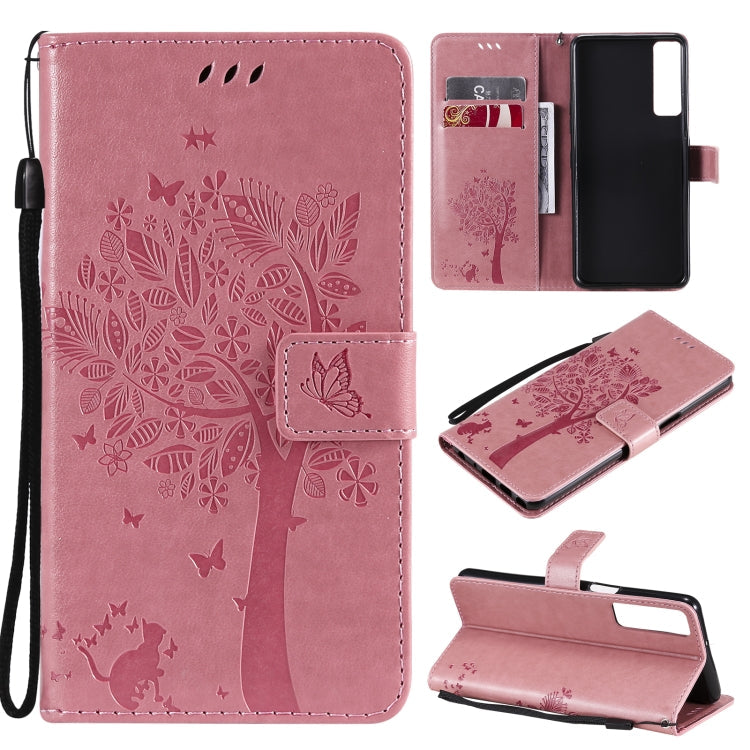 Tree & Cat Pattern Pressed Printing Horizontal Flip PU Leather Case with Holder & Card Slots & Wallet & Lanyard – Lanyard, Card Slot, Flip, For LG Stylo 7 5G / 4G, For OPPO F19 / A74 4G For LG Stylo 7 5G 4G Pink
