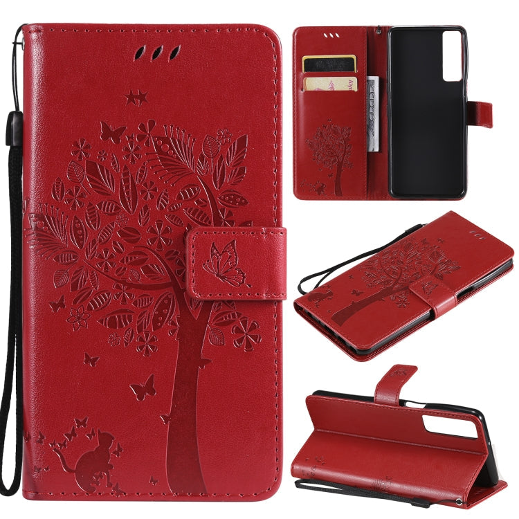 Tree & Cat Pattern Pressed Printing Horizontal Flip PU Leather Case with Holder & Card Slots & Wallet & Lanyard – Lanyard, Card Slot, Flip, For LG Stylo 7 5G / 4G, For OPPO F19 / A74 4G For LG Stylo 7 5G 4G Red