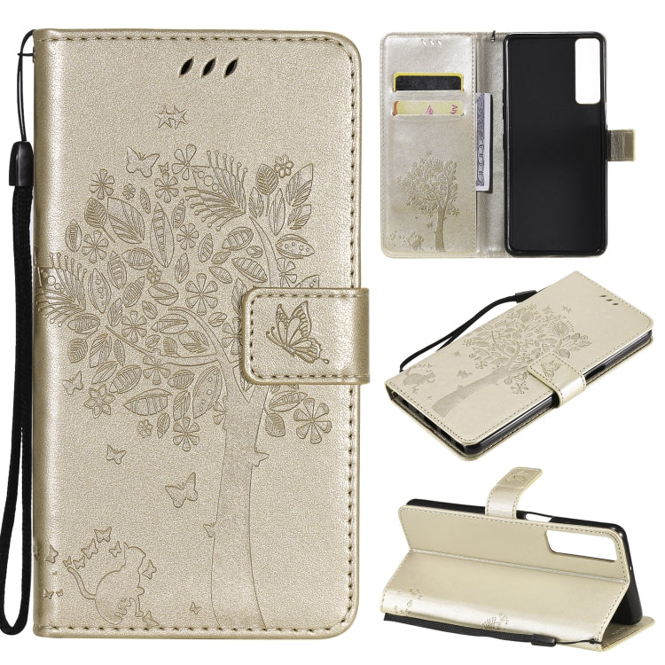 Tree & Cat Pattern Pressed Printing Horizontal Flip PU Leather Case with Holder & Card Slots & Wallet & Lanyard – Lanyard, Card Slot, Flip, For LG Stylo 7 5G / 4G, For OPPO F19 / A74 4G For LG Stylo 7 5G 4G Gold