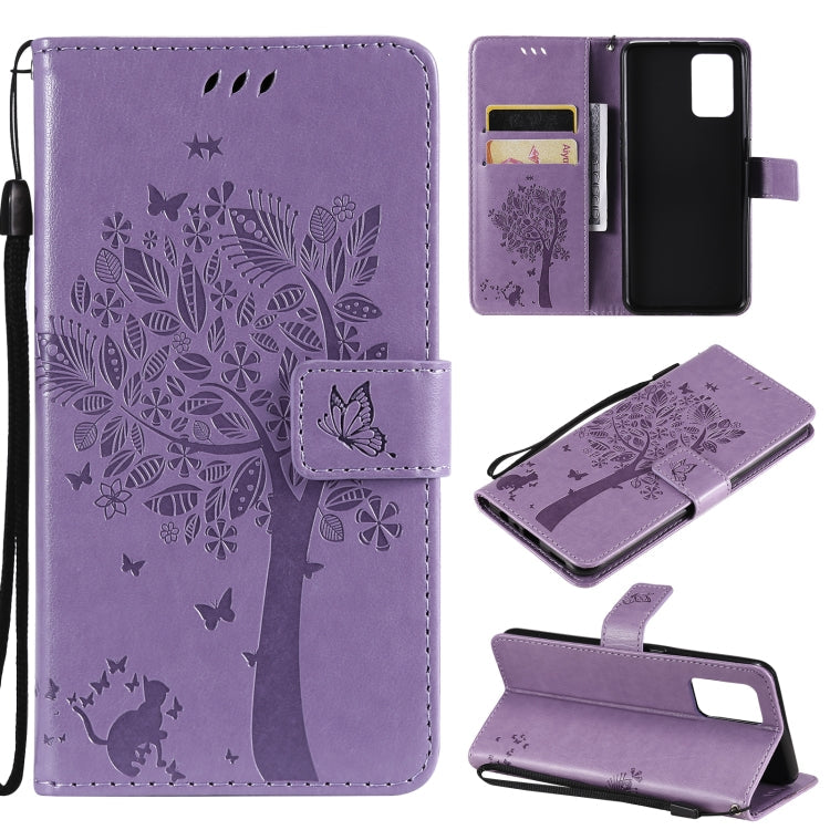 Tree & Cat Pattern Pressed Printing Horizontal Flip PU Leather Case with Holder & Card Slots & Wallet & Lanyard – Lanyard, Card Slot, Flip, For LG Stylo 7 5G / 4G, For OPPO F19 / A74 4G For OPPO F19 A74 4G Light Purple