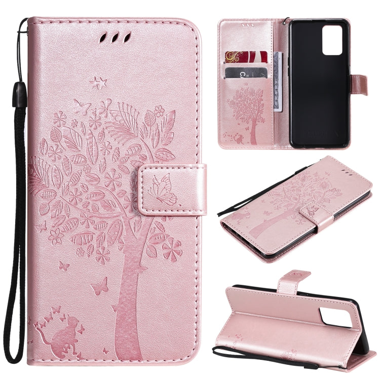 Tree & Cat Pattern Pressed Printing Horizontal Flip PU Leather Case with Holder & Card Slots & Wallet & Lanyard – Lanyard, Card Slot, Flip, For LG Stylo 7 5G / 4G, For OPPO F19 / A74 4G For OPPO F19 A74 4G Rose Gold
