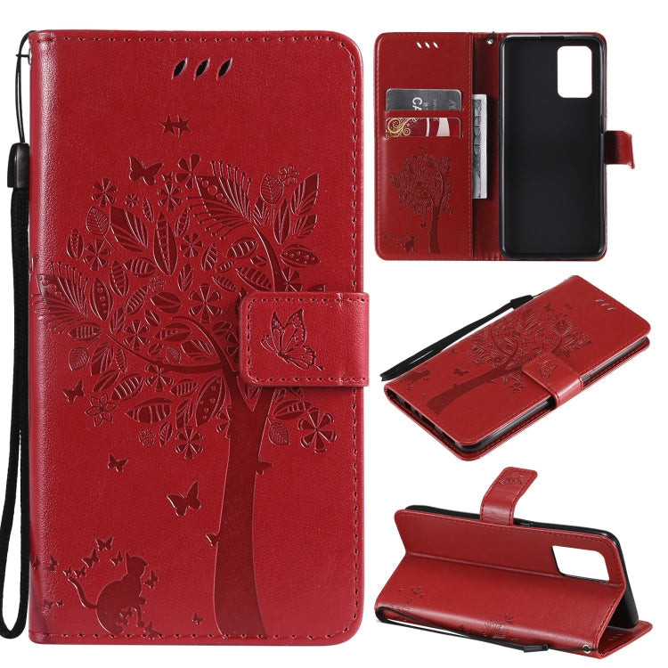 Tree & Cat Pattern Pressed Printing Horizontal Flip PU Leather Case with Holder & Card Slots & Wallet & Lanyard – Lanyard, Card Slot, Flip, For LG Stylo 7 5G / 4G, For OPPO F19 / A74 4G For OPPO F19 A74 4G Red