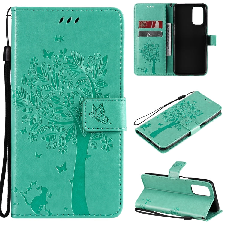 Tree & Cat Pattern Pressed Printing Horizontal Flip PU Leather Case with Holder & Card Slots & Wallet & Lanyard – Lanyard, Card Slot, Flip, For OPPO A93 5G / A74 5G, For OPPO A94 4G / F19 Pro / Reno 5F For OPPO A93 5G A74 5G Green