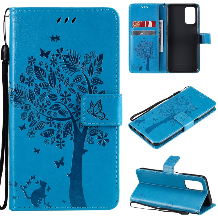Tree & Cat Pattern Pressed Printing Horizontal Flip PU Leather Case with Holder & Card Slots & Wallet & Lanyard – Lanyard, Card Slot, Flip, For OPPO A93 5G / A74 5G, For OPPO A94 4G / F19 Pro / Reno 5F For OPPO A93 5G A74 5G Blue