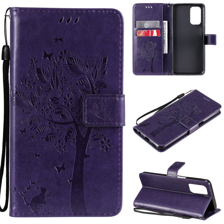 Tree & Cat Pattern Pressed Printing Horizontal Flip PU Leather Case with Holder & Card Slots & Wallet & Lanyard – Lanyard, Card Slot, Flip, For OPPO A93 5G / A74 5G, For OPPO A94 4G / F19 Pro / Reno 5F For OPPO A93 5G A74 5G Purple
