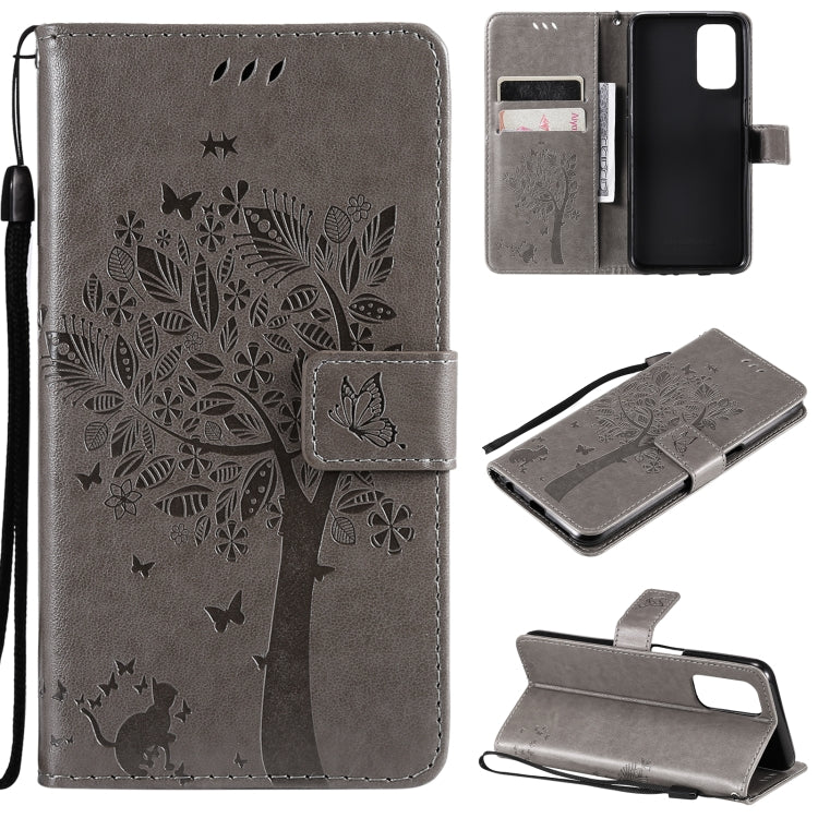 Tree & Cat Pattern Pressed Printing Horizontal Flip PU Leather Case with Holder & Card Slots & Wallet & Lanyard – Lanyard, Card Slot, Flip, For OPPO A93 5G / A74 5G, For OPPO A94 4G / F19 Pro / Reno 5F For OPPO A93 5G A74 5G Gray