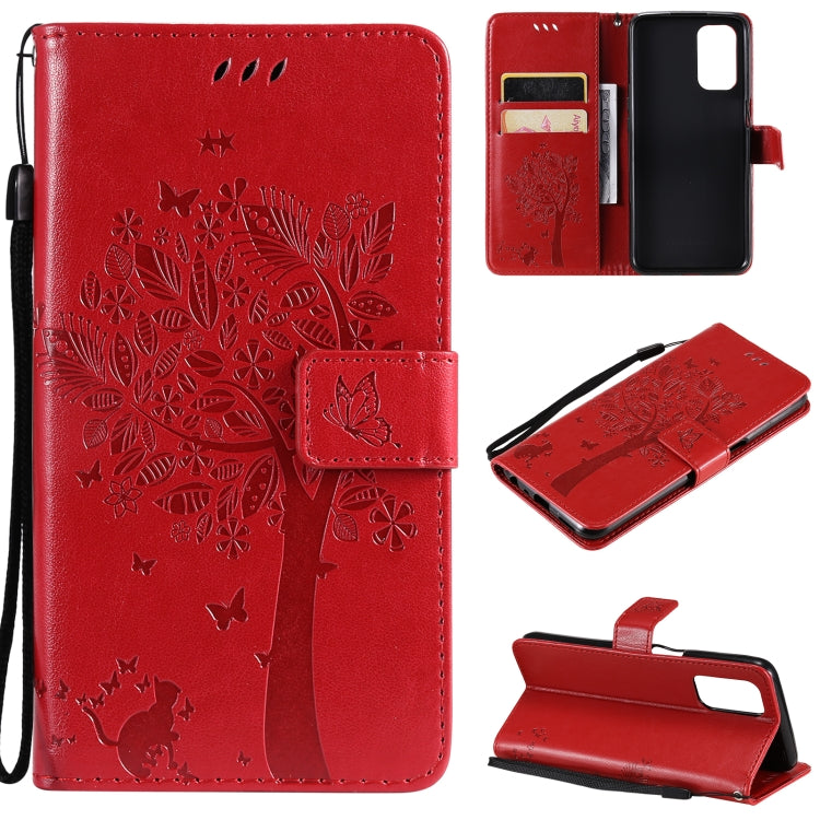 Tree & Cat Pattern Pressed Printing Horizontal Flip PU Leather Case with Holder & Card Slots & Wallet & Lanyard – Lanyard, Card Slot, Flip, For OPPO A93 5G / A74 5G, For OPPO A94 4G / F19 Pro / Reno 5F For OPPO A93 5G A74 5G Red