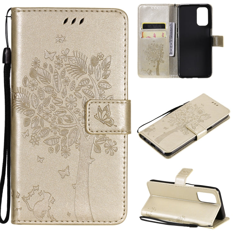 Tree & Cat Pattern Pressed Printing Horizontal Flip PU Leather Case with Holder & Card Slots & Wallet & Lanyard – Lanyard, Card Slot, Flip, For OPPO A93 5G / A74 5G, For OPPO A94 4G / F19 Pro / Reno 5F For OPPO A93 5G A74 5G Gold
