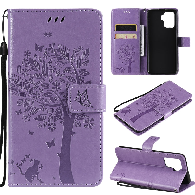 Tree & Cat Pattern Pressed Printing Horizontal Flip PU Leather Case with Holder & Card Slots & Wallet & Lanyard – Lanyard, Card Slot, Flip, For OPPO A93 5G / A74 5G, For OPPO A94 4G / F19 Pro / Reno 5F For OPPO A94 4G F19 Pro Reno 5F Light Purple
