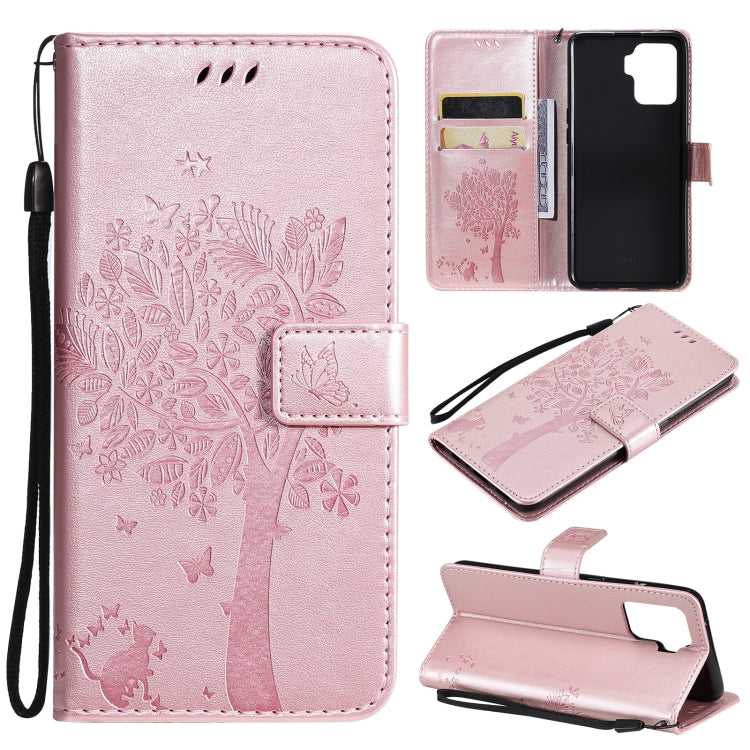Tree & Cat Pattern Pressed Printing Horizontal Flip PU Leather Case with Holder & Card Slots & Wallet & Lanyard – Lanyard, Card Slot, Flip, For OPPO A93 5G / A74 5G, For OPPO A94 4G / F19 Pro / Reno 5F For OPPO A94 4G F19 Pro Reno 5F Rose Gold