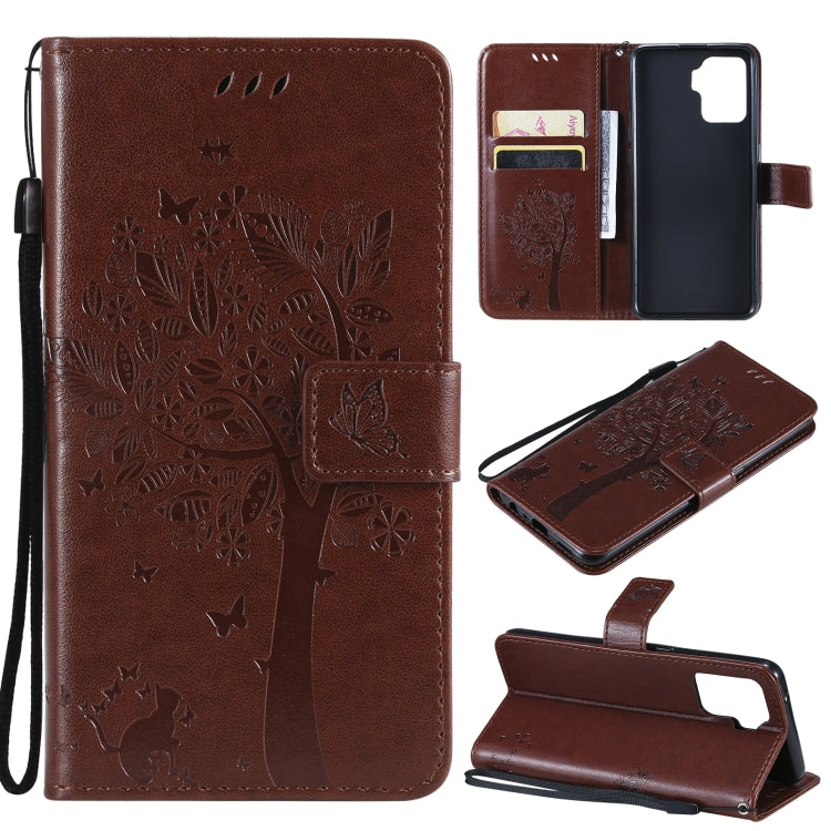 Tree & Cat Pattern Pressed Printing Horizontal Flip PU Leather Case with Holder & Card Slots & Wallet & Lanyard – Lanyard, Card Slot, Flip, For OPPO A93 5G / A74 5G, For OPPO A94 4G / F19 Pro / Reno 5F For OPPO A94 4G F19 Pro Reno 5F Coffee