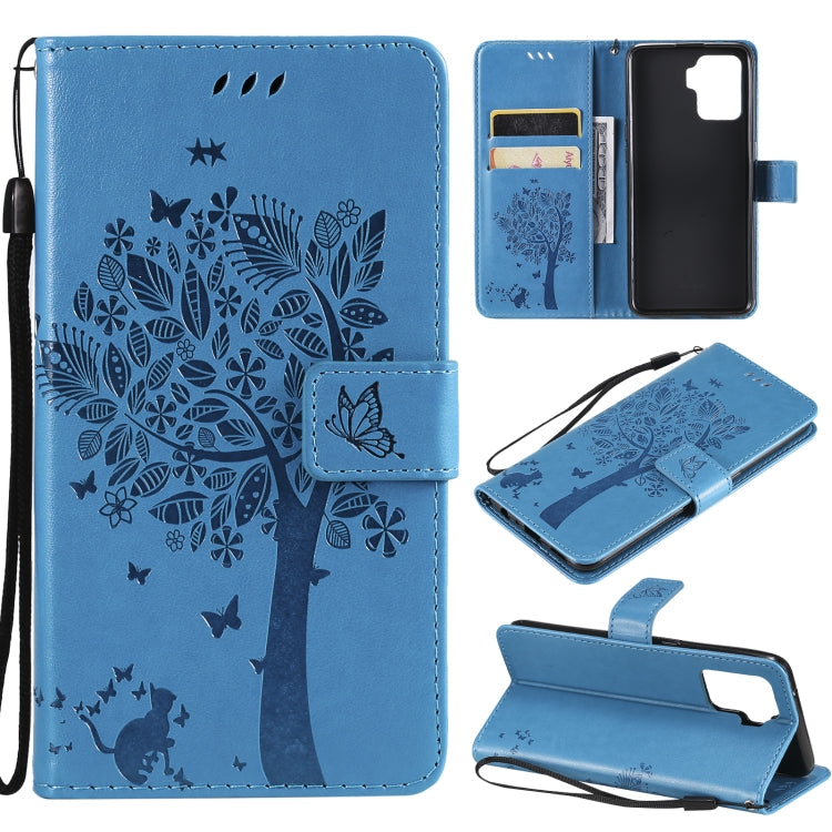 Tree & Cat Pattern Pressed Printing Horizontal Flip PU Leather Case with Holder & Card Slots & Wallet & Lanyard – Lanyard, Card Slot, Flip, For OPPO A93 5G / A74 5G, For OPPO A94 4G / F19 Pro / Reno 5F For OPPO A94 4G F19 Pro Reno 5F Blue