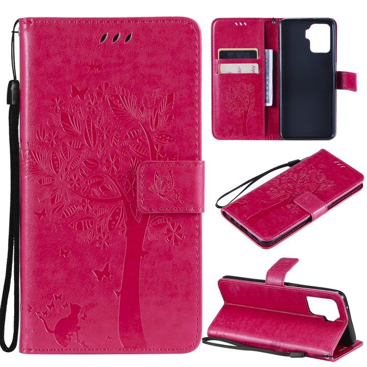 Tree & Cat Pattern Pressed Printing Horizontal Flip PU Leather Case with Holder & Card Slots & Wallet & Lanyard – Lanyard, Card Slot, Flip, For OPPO A93 5G / A74 5G, For OPPO A94 4G / F19 Pro / Reno 5F For OPPO A94 4G F19 Pro Reno 5F Rose Red
