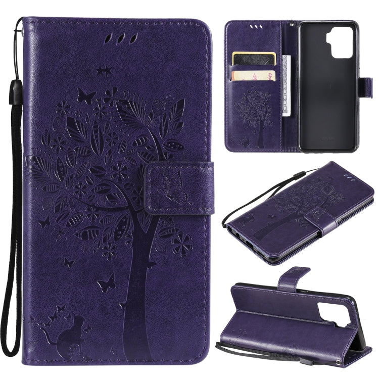 Tree & Cat Pattern Pressed Printing Horizontal Flip PU Leather Case with Holder & Card Slots & Wallet & Lanyard – Lanyard, Card Slot, Flip, For OPPO A93 5G / A74 5G, For OPPO A94 4G / F19 Pro / Reno 5F For OPPO A94 4G F19 Pro Reno 5F Purple