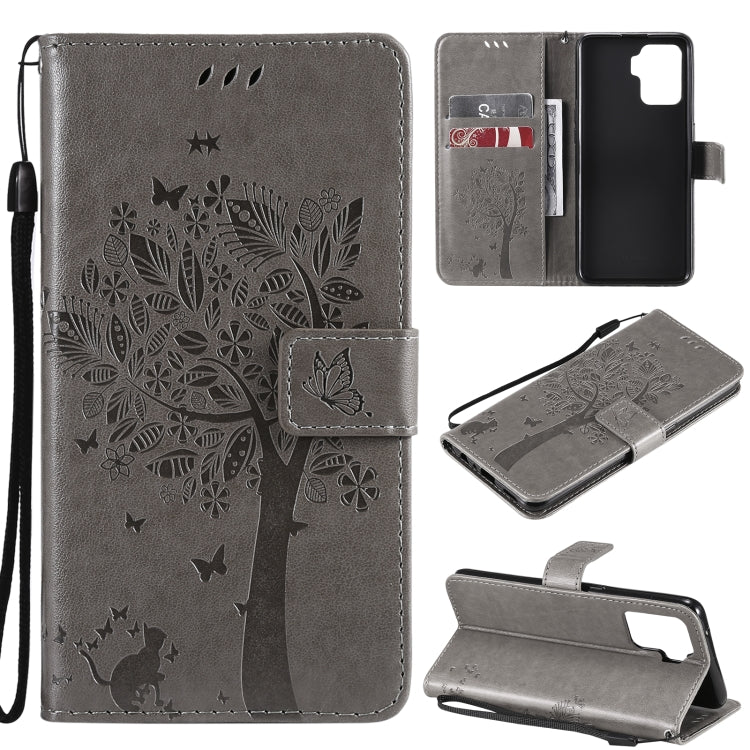 Tree & Cat Pattern Pressed Printing Horizontal Flip PU Leather Case with Holder & Card Slots & Wallet & Lanyard – Lanyard, Card Slot, Flip, For OPPO A93 5G / A74 5G, For OPPO A94 4G / F19 Pro / Reno 5F For OPPO A94 4G F19 Pro Reno 5F Gray