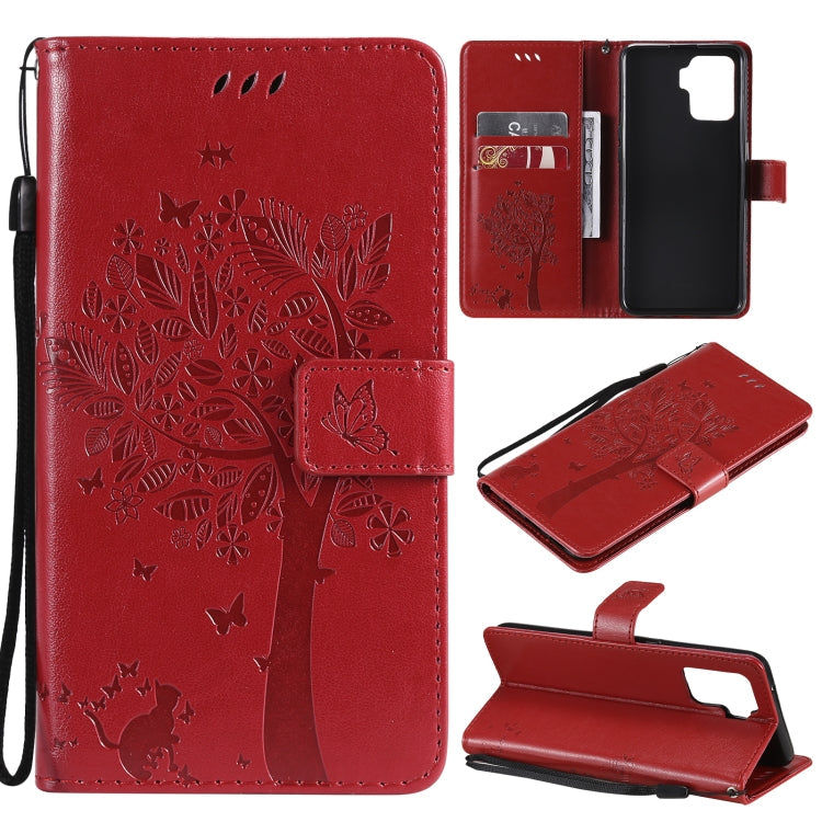 Tree & Cat Pattern Pressed Printing Horizontal Flip PU Leather Case with Holder & Card Slots & Wallet & Lanyard – Lanyard, Card Slot, Flip, For OPPO A93 5G / A74 5G, For OPPO A94 4G / F19 Pro / Reno 5F For OPPO A94 4G F19 Pro Reno 5F Red
