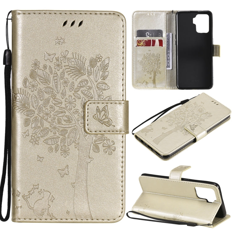 Tree & Cat Pattern Pressed Printing Horizontal Flip PU Leather Case with Holder & Card Slots & Wallet & Lanyard – Lanyard, Card Slot, Flip, For OPPO A93 5G / A74 5G, For OPPO A94 4G / F19 Pro / Reno 5F For OPPO A94 4G F19 Pro Reno 5F Gold