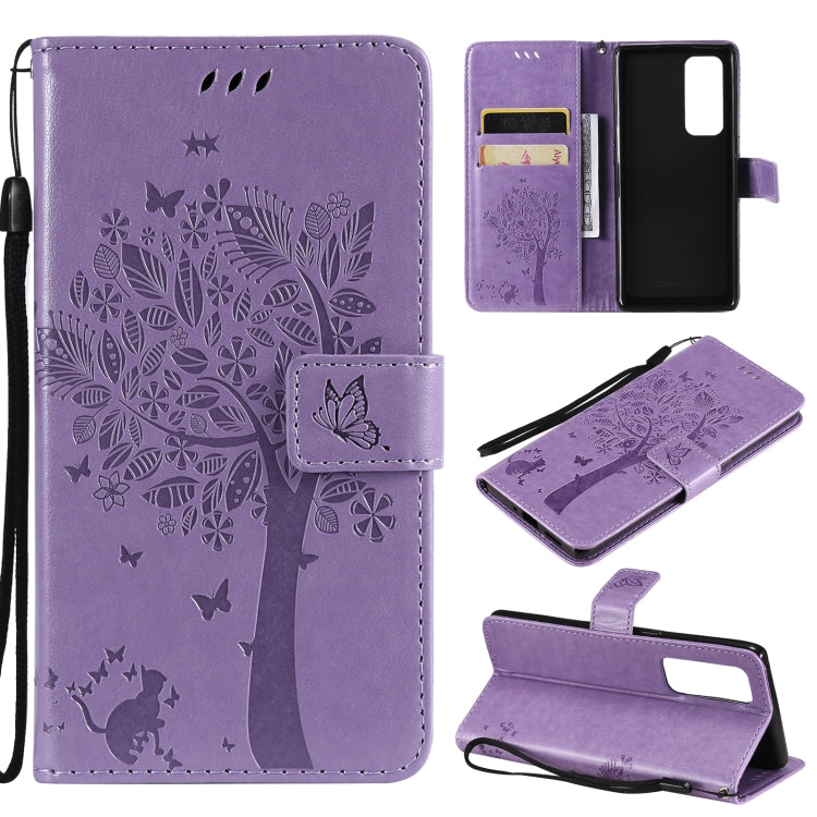 Tree & Cat Pattern Pressed Printing Horizontal Flip PU Leather Case with Holder & Card Slots & Wallet & Lanyard – Lanyard, Card Slot, Flip, For OPPO Reno5 Pro+ 5G / Find X3 Neo, For OPPO Find X3 / X3 Pro For OPPO Reno5 Pro+ 5G Find X3 Neo Light Purple
