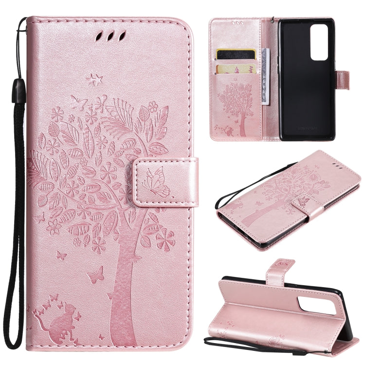 Tree & Cat Pattern Pressed Printing Horizontal Flip PU Leather Case with Holder & Card Slots & Wallet & Lanyard – Lanyard, Card Slot, Flip, For OPPO Reno5 Pro+ 5G / Find X3 Neo, For OPPO Find X3 / X3 Pro For OPPO Reno5 Pro+ 5G Find X3 Neo Rose Gold