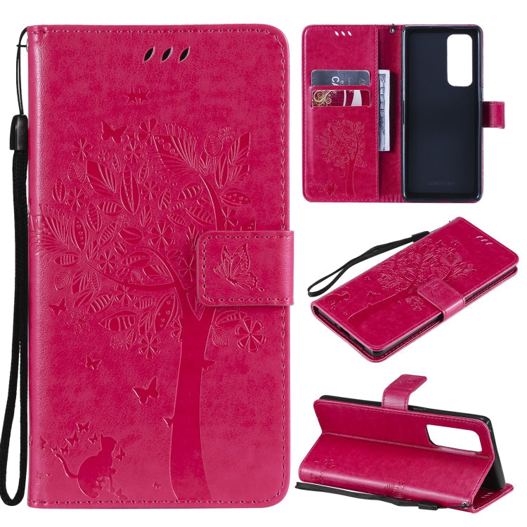 Tree & Cat Pattern Pressed Printing Horizontal Flip PU Leather Case with Holder & Card Slots & Wallet & Lanyard – Lanyard, Card Slot, Flip, For OPPO Reno5 Pro+ 5G / Find X3 Neo, For OPPO Find X3 / X3 Pro For OPPO Reno5 Pro+ 5G Find X3 Neo Rose Red