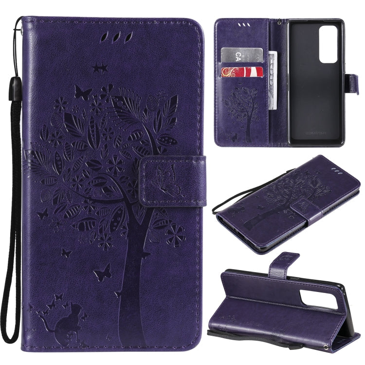 Tree & Cat Pattern Pressed Printing Horizontal Flip PU Leather Case with Holder & Card Slots & Wallet & Lanyard – Lanyard, Card Slot, Flip, For OPPO Reno5 Pro+ 5G / Find X3 Neo, For OPPO Find X3 / X3 Pro For OPPO Reno5 Pro+ 5G Find X3 Neo Purple