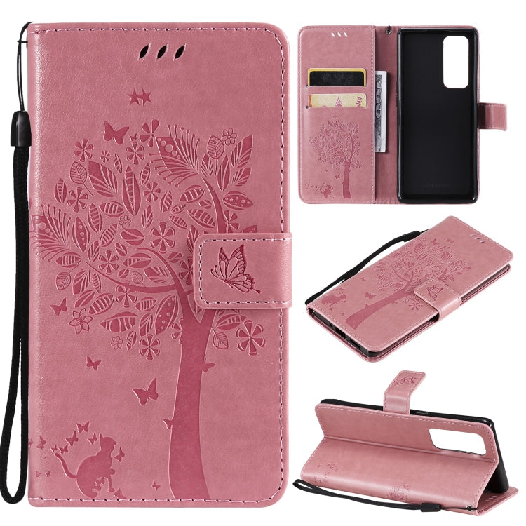 Tree & Cat Pattern Pressed Printing Horizontal Flip PU Leather Case with Holder & Card Slots & Wallet & Lanyard – Lanyard, Card Slot, Flip, For OPPO Reno5 Pro+ 5G / Find X3 Neo, For OPPO Find X3 / X3 Pro For OPPO Reno5 Pro+ 5G Find X3 Neo Pink