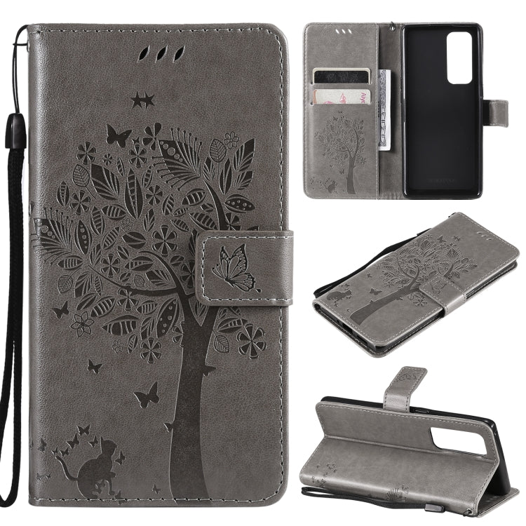 Tree & Cat Pattern Pressed Printing Horizontal Flip PU Leather Case with Holder & Card Slots & Wallet & Lanyard – Lanyard, Card Slot, Flip, For OPPO Reno5 Pro+ 5G / Find X3 Neo, For OPPO Find X3 / X3 Pro For OPPO Reno5 Pro+ 5G Find X3 Neo Gray