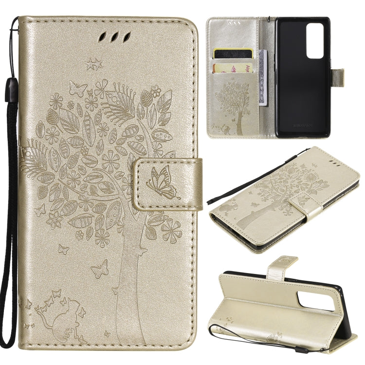 Tree & Cat Pattern Pressed Printing Horizontal Flip PU Leather Case with Holder & Card Slots & Wallet & Lanyard – Lanyard, Card Slot, Flip, For OPPO Reno5 Pro+ 5G / Find X3 Neo, For OPPO Find X3 / X3 Pro For OPPO Reno5 Pro+ 5G Find X3 Neo Gold