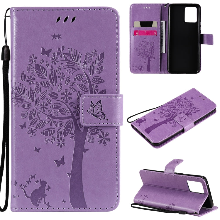 Tree & Cat Pattern Pressed Printing Horizontal Flip PU Leather Case with Holder & Card Slots & Wallet & Lanyard – Lanyard, Card Slot, Flip, For OPPO Realme 8 4G / Realme 8 Pro 4G, For OPPO Realme V13 5G / Realme 8 5G For OPPO Realme 8 4G Realme 8 Pro 4G Light Purple