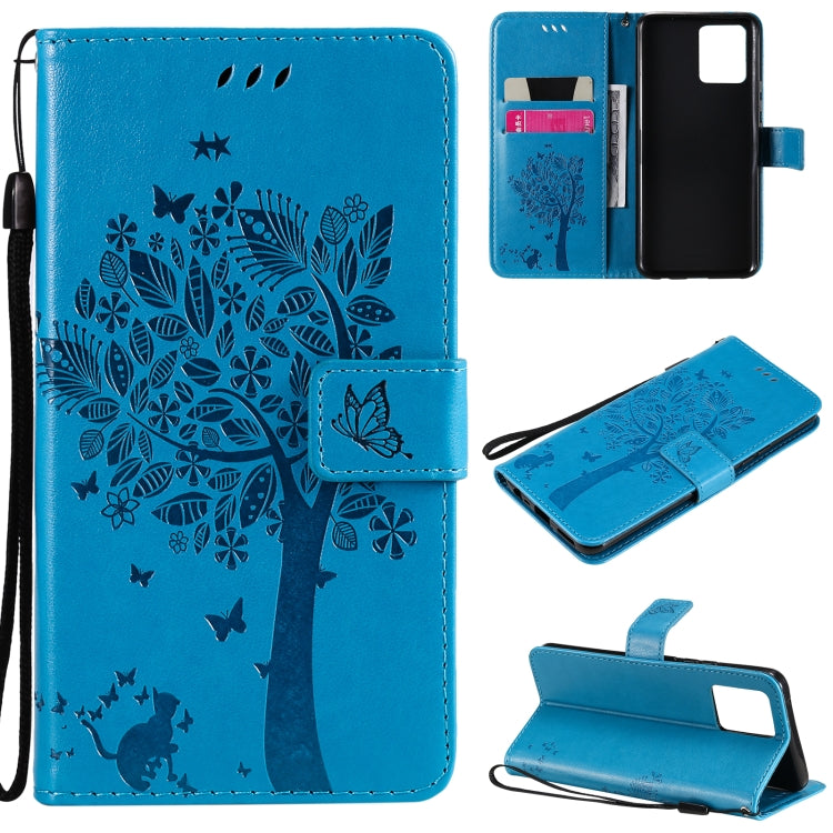 Tree & Cat Pattern Pressed Printing Horizontal Flip PU Leather Case with Holder & Card Slots & Wallet & Lanyard – Lanyard, Card Slot, Flip, For OPPO Realme 8 4G / Realme 8 Pro 4G, For OPPO Realme V13 5G / Realme 8 5G For OPPO Realme 8 4G Realme 8 Pro 4G Blue