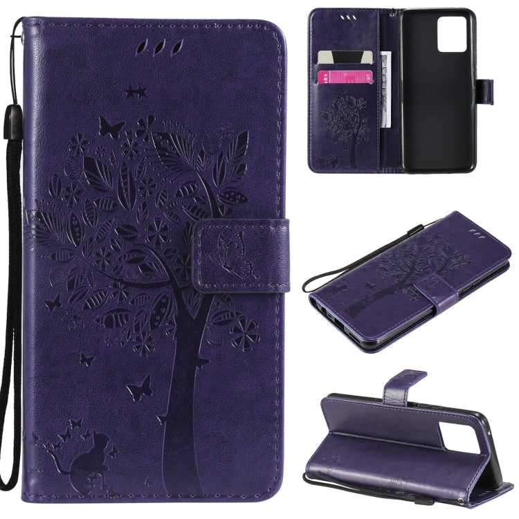 Tree & Cat Pattern Pressed Printing Horizontal Flip PU Leather Case with Holder & Card Slots & Wallet & Lanyard – Lanyard, Card Slot, Flip, For OPPO Realme 8 4G / Realme 8 Pro 4G, For OPPO Realme V13 5G / Realme 8 5G For OPPO Realme 8 4G Realme 8 Pro 4G Purple