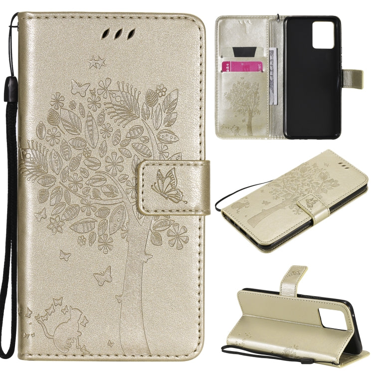 Tree & Cat Pattern Pressed Printing Horizontal Flip PU Leather Case with Holder & Card Slots & Wallet & Lanyard – Lanyard, Card Slot, Flip, For OPPO Realme 8 4G / Realme 8 Pro 4G, For OPPO Realme V13 5G / Realme 8 5G For OPPO Realme 8 4G Realme 8 Pro 4G Gold