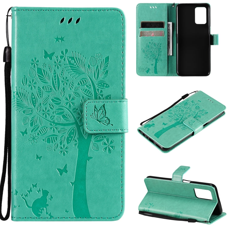 Tree & Cat Pattern Pressed Printing Horizontal Flip PU Leather Case with Holder & Card Slots & Wallet & Lanyard – Lanyard, Card Slot, Flip, For OPPO Realme 8 4G / Realme 8 Pro 4G, For OPPO Realme V13 5G / Realme 8 5G For OPPO Realme V13 5G Realme 8 5G Green