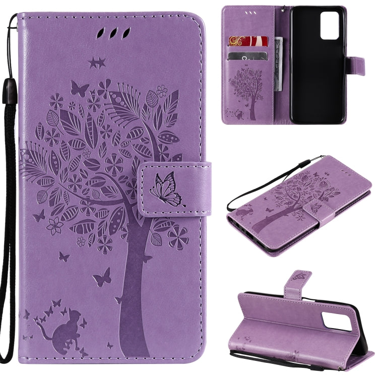 Tree & Cat Pattern Pressed Printing Horizontal Flip PU Leather Case with Holder & Card Slots & Wallet & Lanyard – Lanyard, Card Slot, Flip, For OPPO Realme 8 4G / Realme 8 Pro 4G, For OPPO Realme V13 5G / Realme 8 5G For OPPO Realme V13 5G Realme 8 5G Light Purple