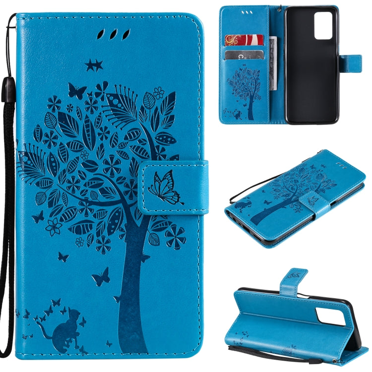 Tree & Cat Pattern Pressed Printing Horizontal Flip PU Leather Case with Holder & Card Slots & Wallet & Lanyard – Lanyard, Card Slot, Flip, For OPPO Realme 8 4G / Realme 8 Pro 4G, For OPPO Realme V13 5G / Realme 8 5G For OPPO Realme V13 5G Realme 8 5G Blue