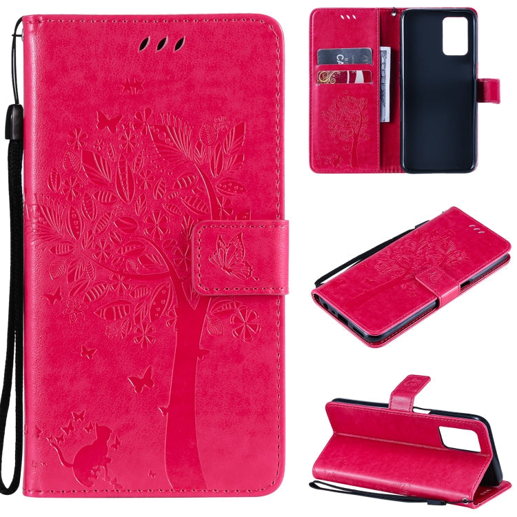 Tree & Cat Pattern Pressed Printing Horizontal Flip PU Leather Case with Holder & Card Slots & Wallet & Lanyard – Lanyard, Card Slot, Flip, For OPPO Realme 8 4G / Realme 8 Pro 4G, For OPPO Realme V13 5G / Realme 8 5G For OPPO Realme V13 5G Realme 8 5G Rose Red