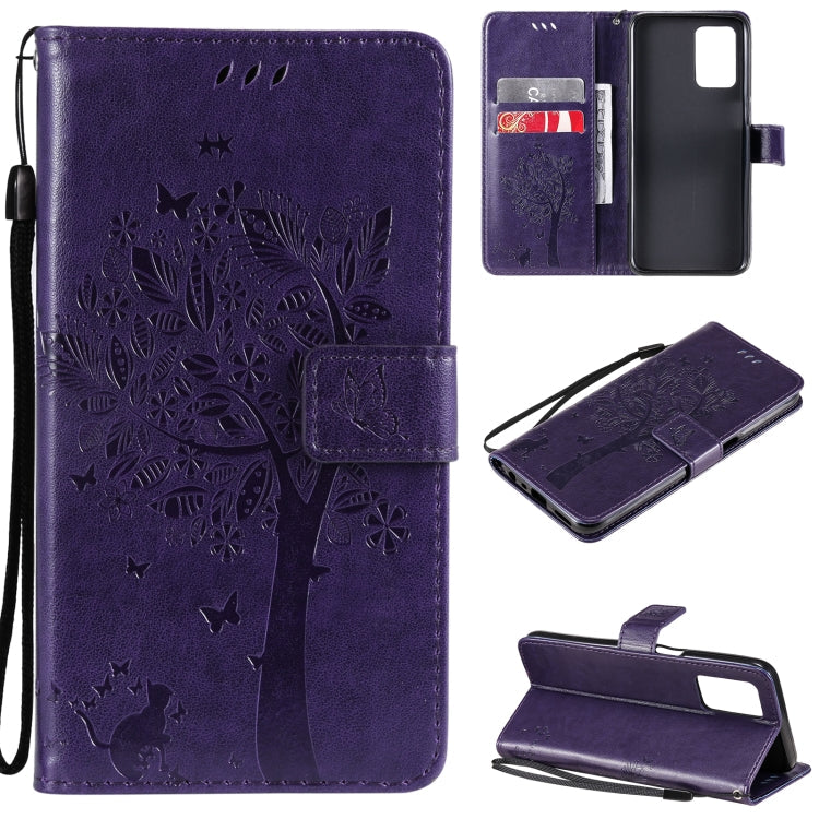 Tree & Cat Pattern Pressed Printing Horizontal Flip PU Leather Case with Holder & Card Slots & Wallet & Lanyard – Lanyard, Card Slot, Flip, For OPPO Realme 8 4G / Realme 8 Pro 4G, For OPPO Realme V13 5G / Realme 8 5G For OPPO Realme V13 5G Realme 8 5G Purple