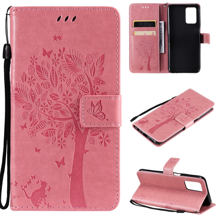 Tree & Cat Pattern Pressed Printing Horizontal Flip PU Leather Case with Holder & Card Slots & Wallet & Lanyard – Lanyard, Card Slot, Flip, For OPPO Realme 8 4G / Realme 8 Pro 4G, For OPPO Realme V13 5G / Realme 8 5G For OPPO Realme V13 5G Realme 8 5G Pink