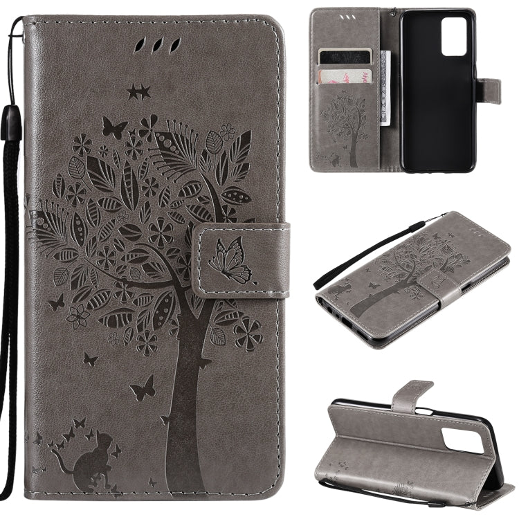 Tree & Cat Pattern Pressed Printing Horizontal Flip PU Leather Case with Holder & Card Slots & Wallet & Lanyard – Lanyard, Card Slot, Flip, For OPPO Realme 8 4G / Realme 8 Pro 4G, For OPPO Realme V13 5G / Realme 8 5G For OPPO Realme V13 5G Realme 8 5G Gray