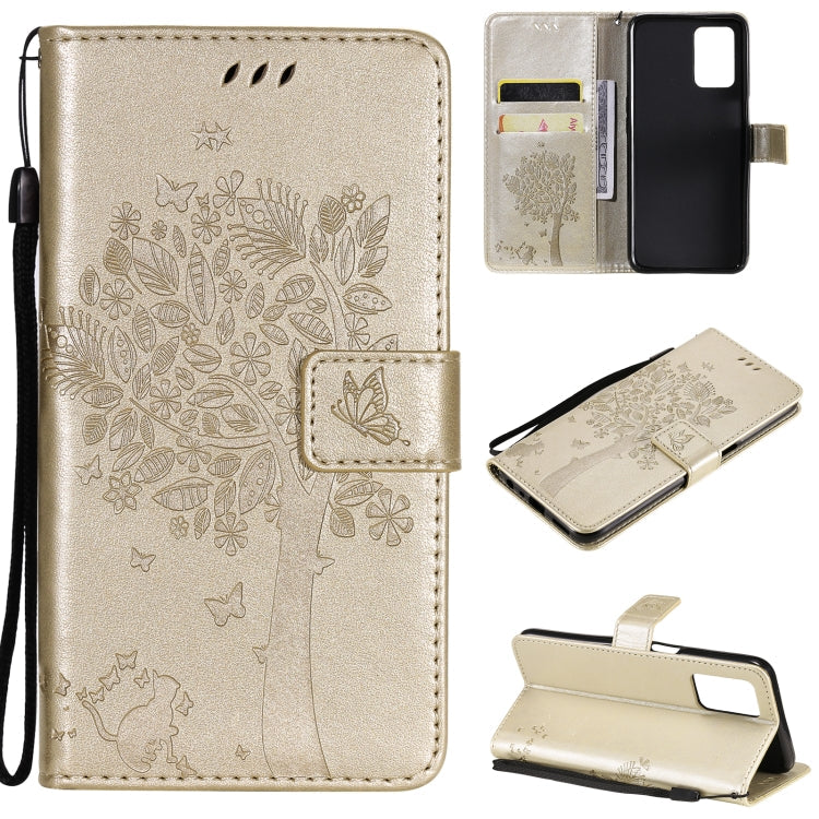 Tree & Cat Pattern Pressed Printing Horizontal Flip PU Leather Case with Holder & Card Slots & Wallet & Lanyard – Lanyard, Card Slot, Flip, For OPPO Realme 8 4G / Realme 8 Pro 4G, For OPPO Realme V13 5G / Realme 8 5G For OPPO Realme V13 5G Realme 8 5G Gold