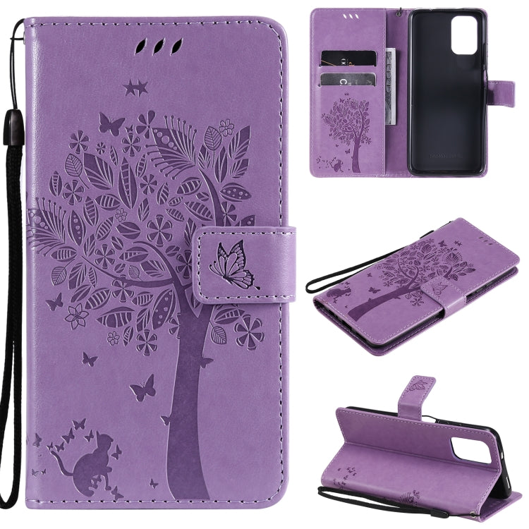Tree & Cat Pattern Pressed Printing Horizontal Flip PU Leather Case with Holder & Card Slots & Wallet & Lanyard – Lanyard, Card Slot, Flip, For Xiaomi Redmi Note 10 4G, For Xiaomi Redmi Note 10 Pro For Xiaomi Redmi Note 10 4G Light Purple