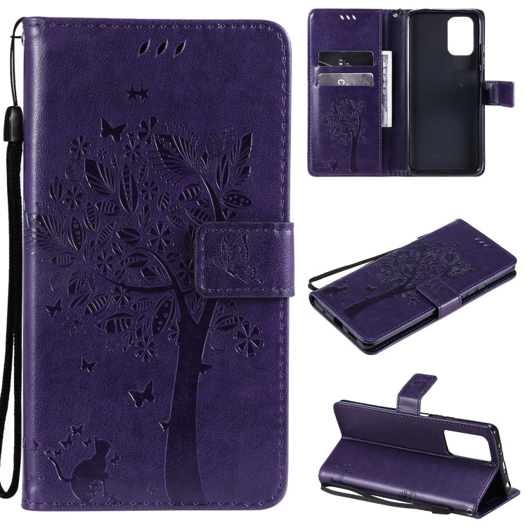 Tree & Cat Pattern Pressed Printing Horizontal Flip PU Leather Case with Holder & Card Slots & Wallet & Lanyard – Lanyard, Card Slot, Flip, For Xiaomi Redmi Note 10 4G, For Xiaomi Redmi Note 10 Pro For Xiaomi Redmi Note 10 4G Purple
