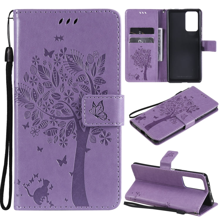 Tree & Cat Pattern Pressed Printing Horizontal Flip PU Leather Case with Holder & Card Slots & Wallet & Lanyard – Lanyard, Card Slot, Flip, For Xiaomi Redmi Note 10 4G, For Xiaomi Redmi Note 10 Pro For Xiaomi Redmi Note 10 Pro Light Purple