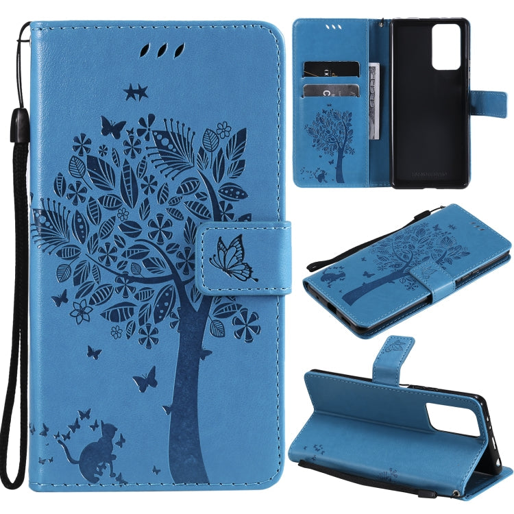 Tree & Cat Pattern Pressed Printing Horizontal Flip PU Leather Case with Holder & Card Slots & Wallet & Lanyard – Lanyard, Card Slot, Flip, For Xiaomi Redmi Note 10 4G, For Xiaomi Redmi Note 10 Pro For Xiaomi Redmi Note 10 Pro Blue