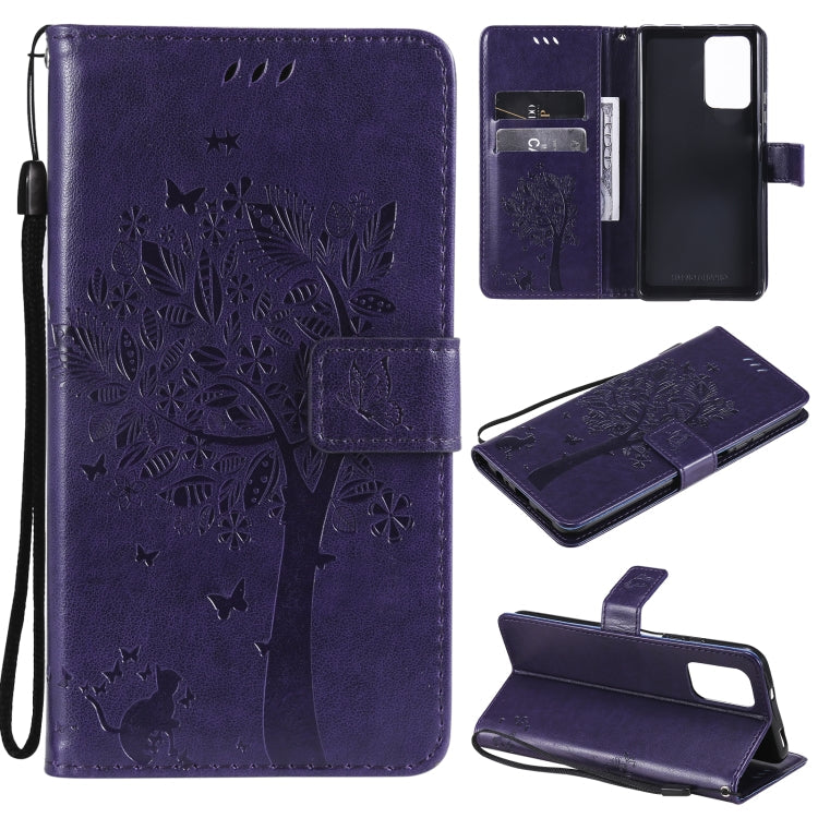 Tree & Cat Pattern Pressed Printing Horizontal Flip PU Leather Case with Holder & Card Slots & Wallet & Lanyard – Lanyard, Card Slot, Flip, For Xiaomi Redmi Note 10 4G, For Xiaomi Redmi Note 10 Pro For Xiaomi Redmi Note 10 Pro Purple