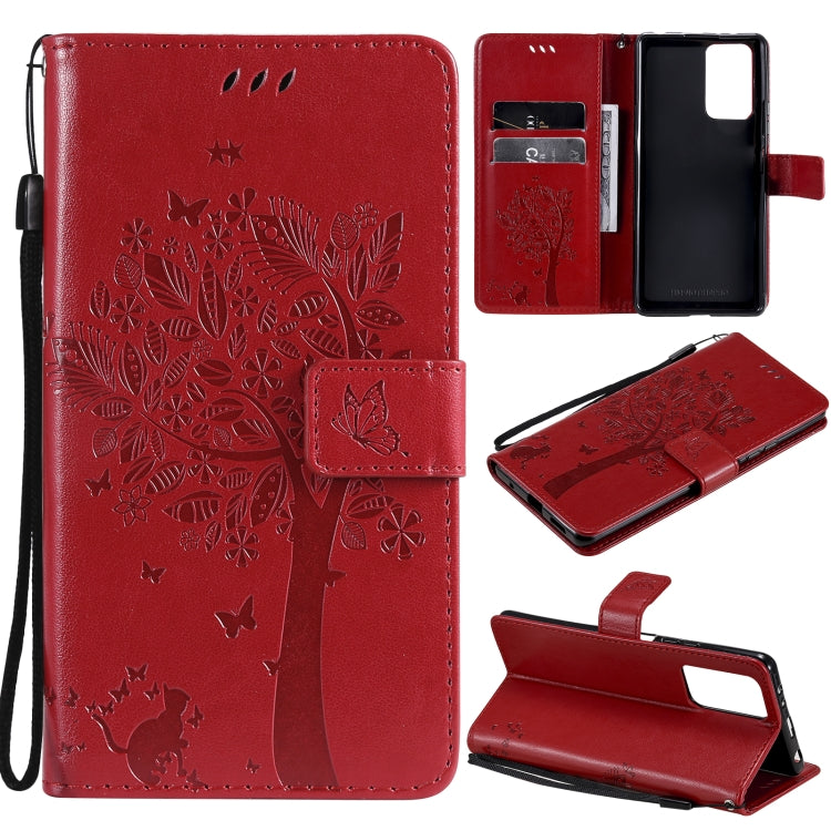 Tree & Cat Pattern Pressed Printing Horizontal Flip PU Leather Case with Holder & Card Slots & Wallet & Lanyard – Lanyard, Card Slot, Flip, For Xiaomi Redmi Note 10 4G, For Xiaomi Redmi Note 10 Pro For Xiaomi Redmi Note 10 Pro Red