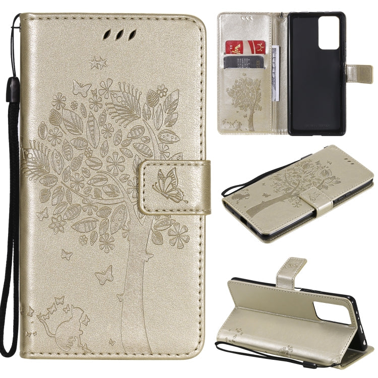 Tree & Cat Pattern Pressed Printing Horizontal Flip PU Leather Case with Holder & Card Slots & Wallet & Lanyard – Lanyard, Card Slot, Flip, For Xiaomi Redmi Note 10 4G, For Xiaomi Redmi Note 10 Pro For Xiaomi Redmi Note 10 Pro Gold